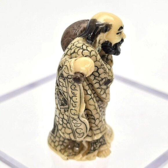 Antique Japanese Netsuke Figurine Sage Man With Basket Carved Resin JE153 - Picture 5 of 9
